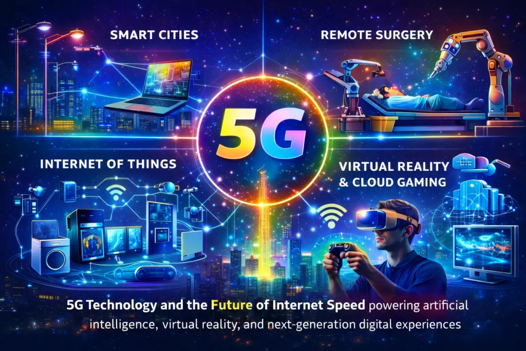 5G Technology & Future of Internet Speed showing smart cities, IoT, and virtual reality