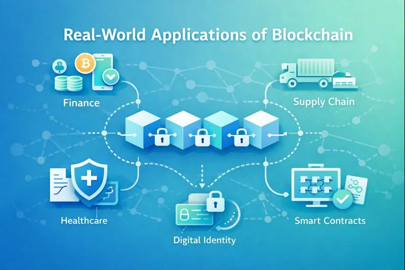 Real-world applications of blockchain technology including finance, supply chain, identity, and healthcare