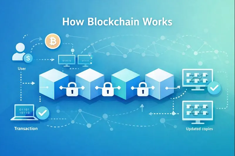 How blockchain works illustrated step by step using a clean vector infographic