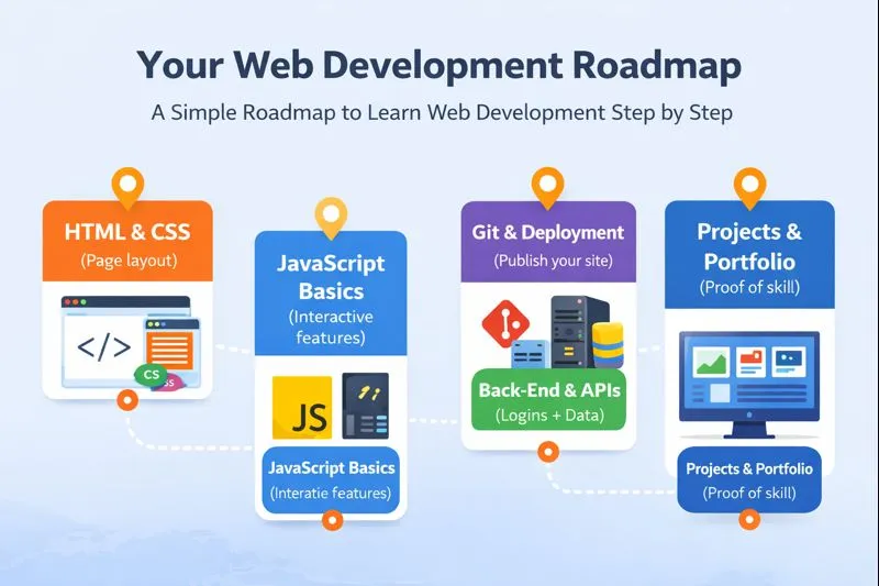 Web development roadmap for beginners from HTML and CSS to back-end and projects