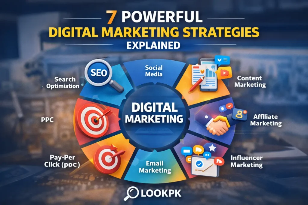 7 powerful digital marketing strategies infographic including SEO, PPC, social media, email, content and affiliate marketing