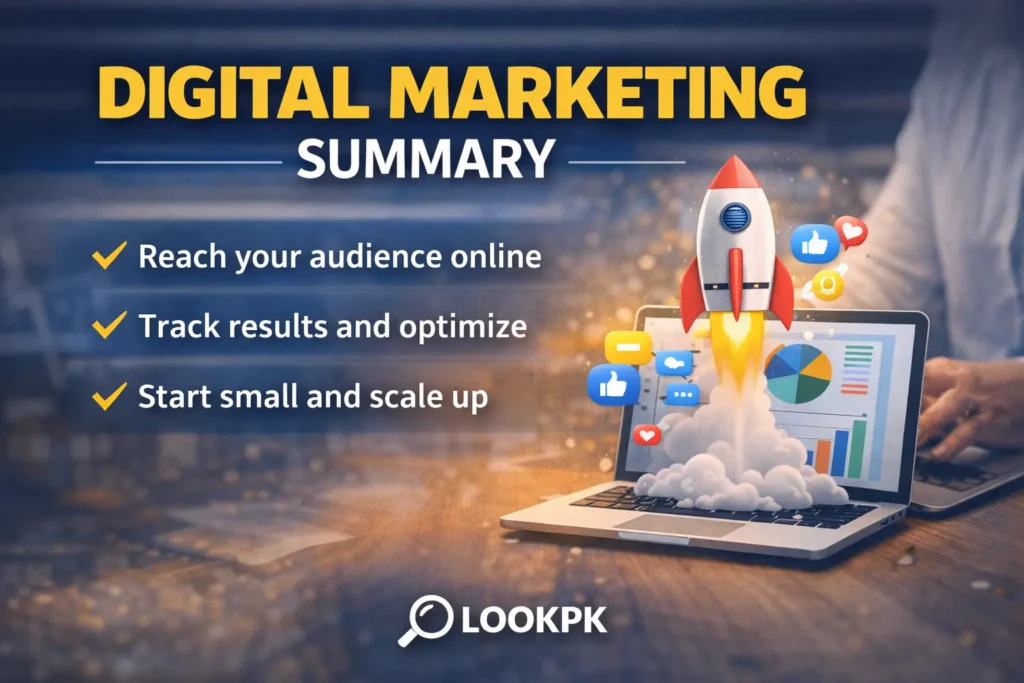 Digital marketing summary infographic showing key takeaways including audience reach, analytics tracking, and scalable online growth