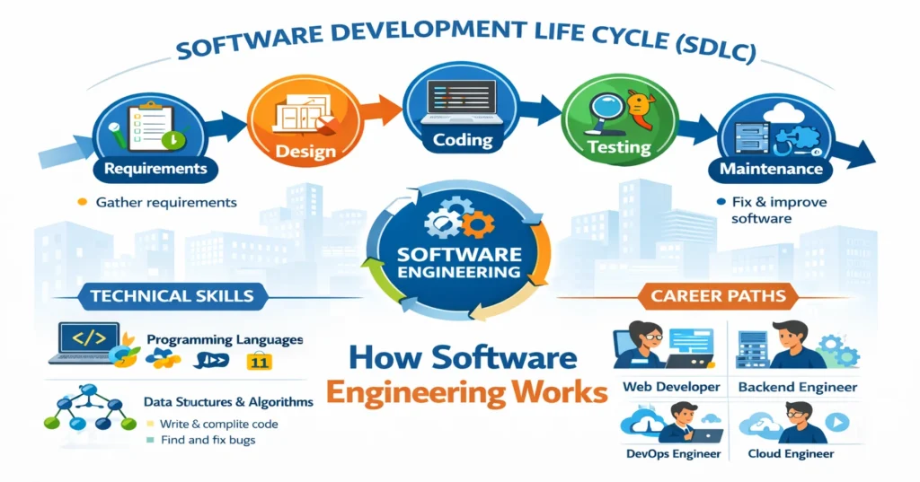 Software development life cycle showing how software engineering works from requirements to maintenance