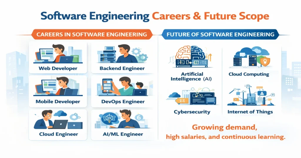 Software engineering careers and future scope showing job roles and emerging technologies
