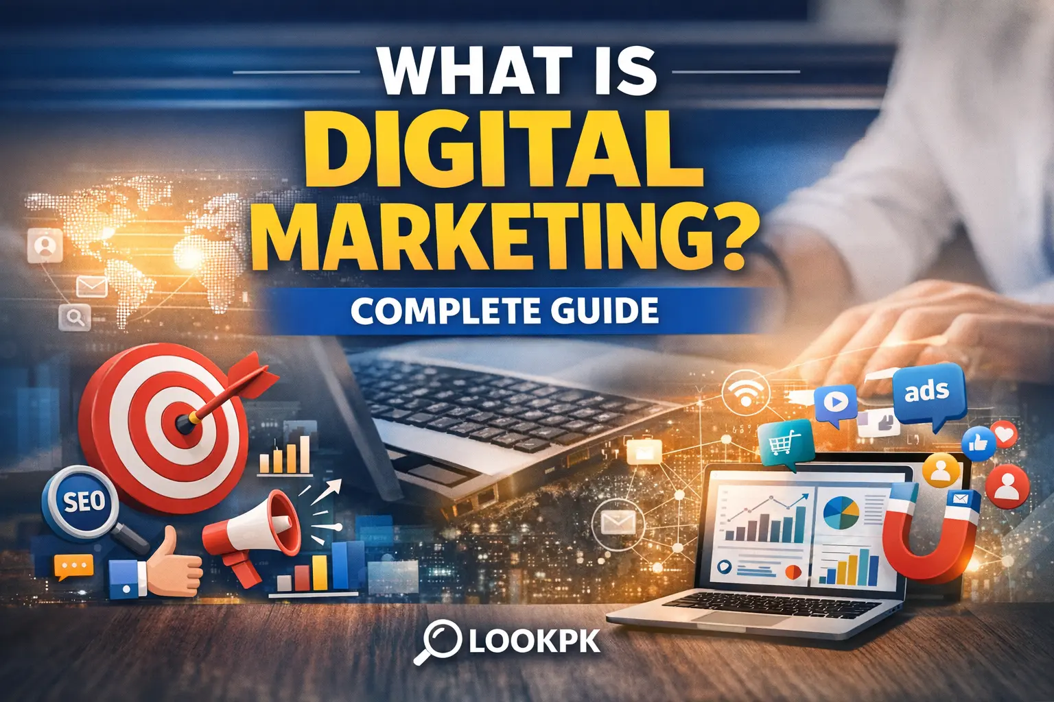 What is digital marketing complete guide with SEO, social media, ads, analytics icons