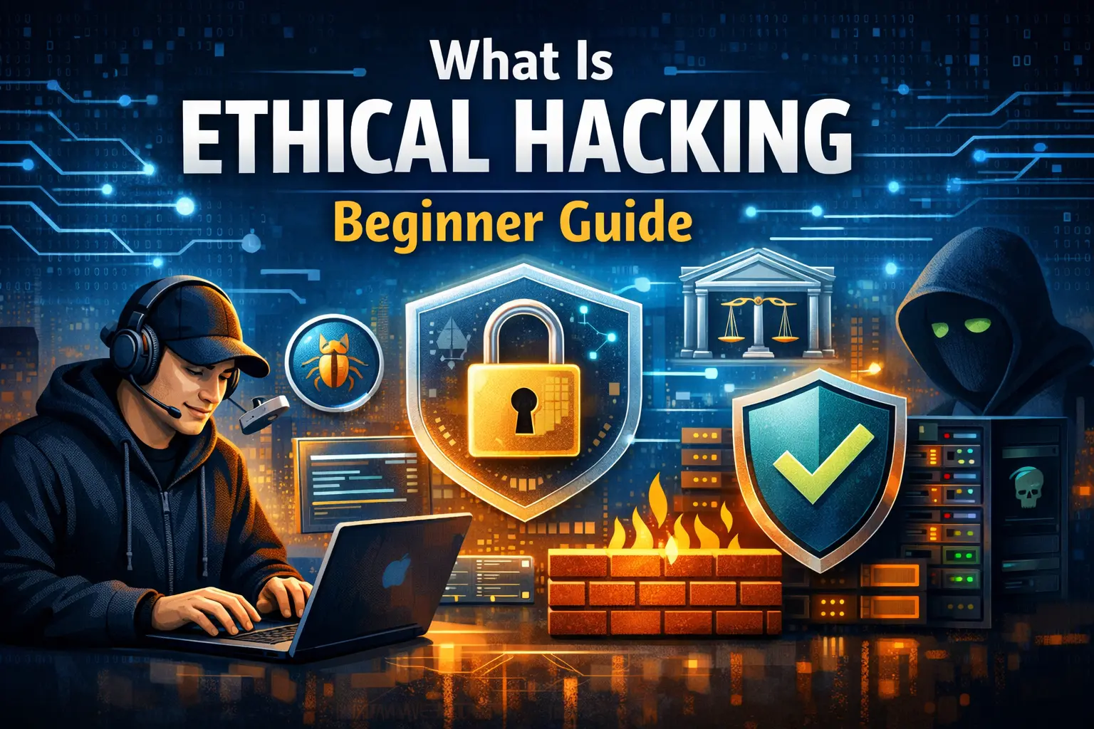 what is ethical hacking beginner guide illustration showing cybersecurity hacker protecting network