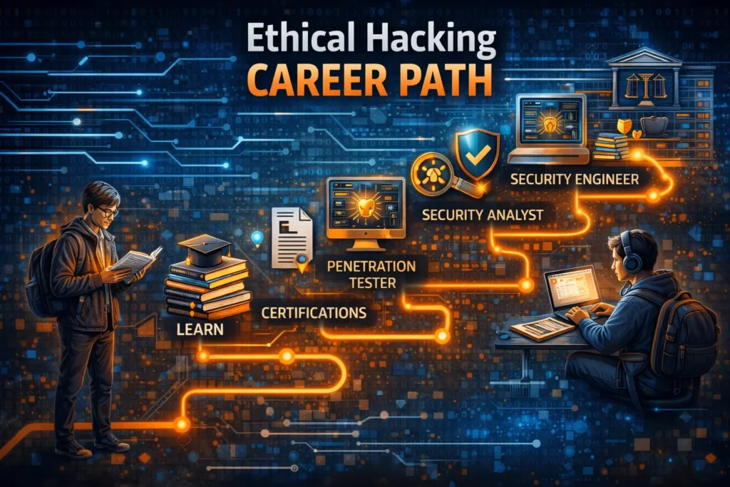 ethical hacking career path with cybersecurity roles and certification growth