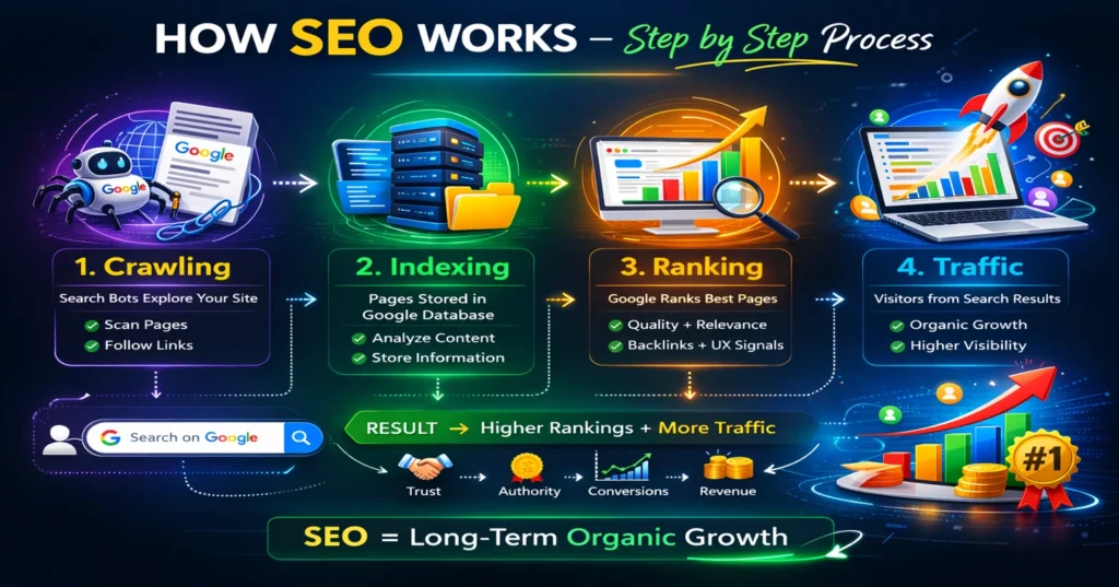 How SEO Works Step by Step – Crawling, Indexing, Ranking and Traffic