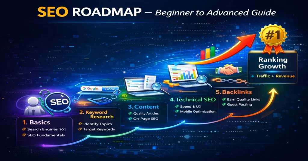 SEO Roadmap for Beginners Showing Ranking Growth and Backlink Strategy