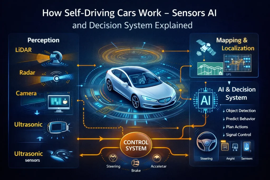 how self-driving cars work diagram showing sensors AI and control system