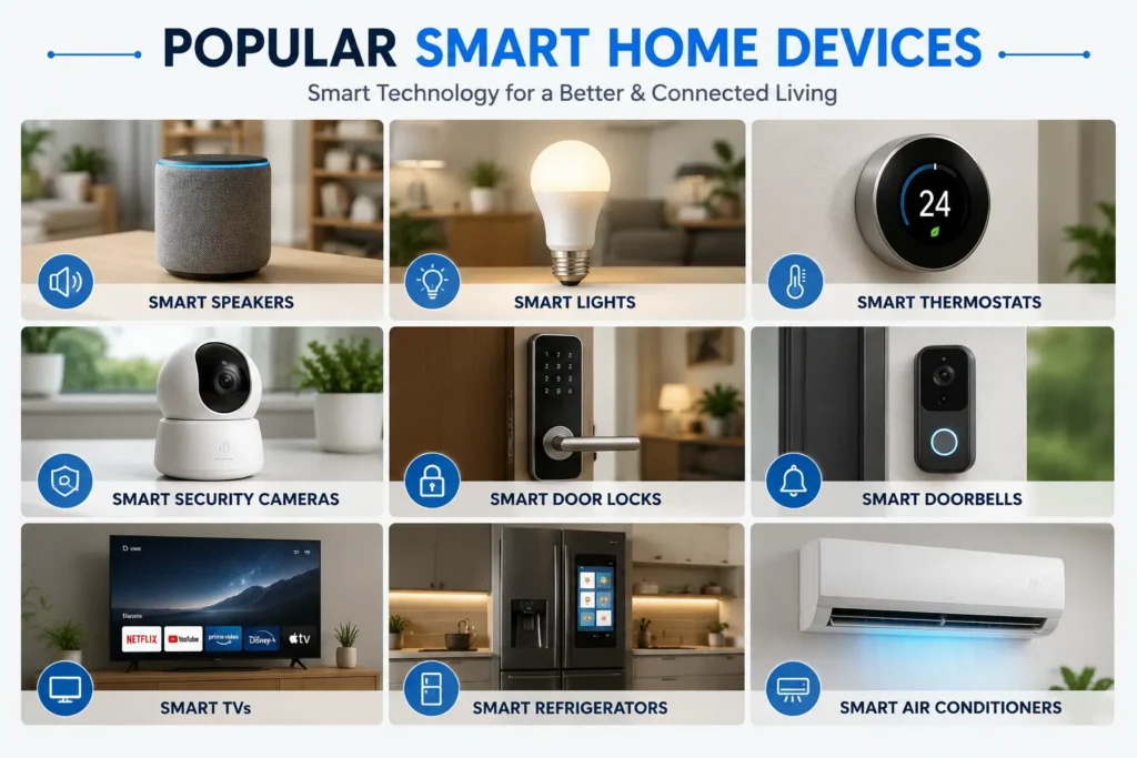 Smart home devices including smart speakers cameras thermostats and lights